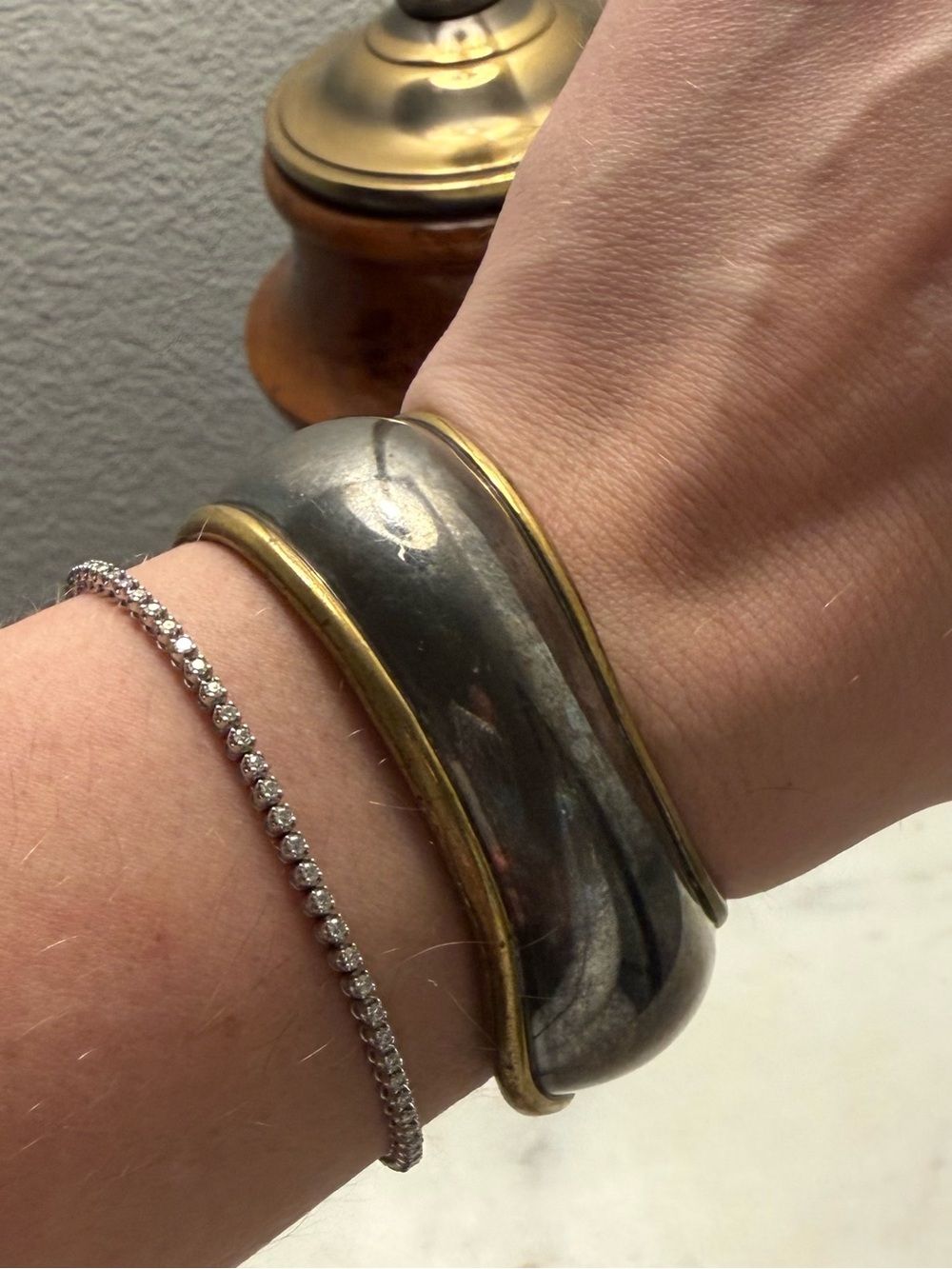 Vintage Mexico 925 Sterling Silver Two Tone Wavy Cuff Bracelet